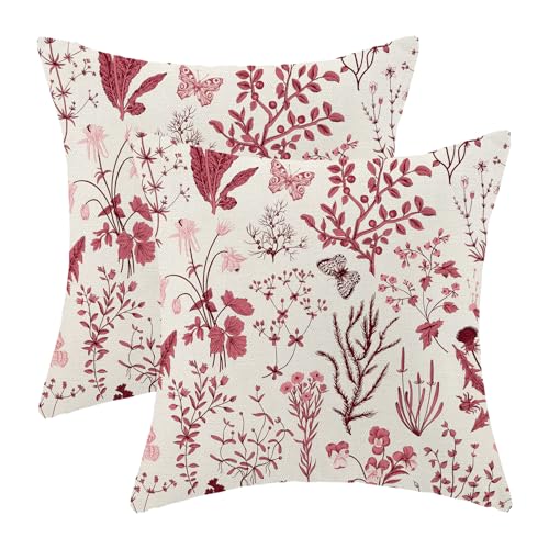AEIOAE Christmas Pillow Covers 18x18 Inch Set of 2Burgundy Red Wild Flower Plant Throw Pillows CaseSeasonal Floral Outdoor Decorative Square Linen Farmhouse Decor Cushion Covers for Home Sofa bed Couch - Image 1