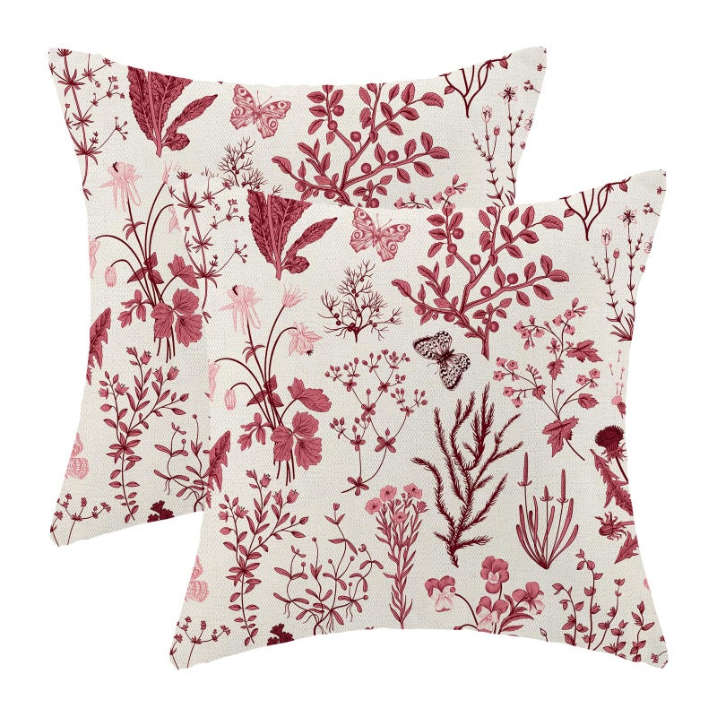 AEIOAE Christmas Pillow Covers 18x18 Inch Set of 2Burgundy Red Wild Flower Plant Throw Pillows CaseSeasonal Floral Outdoor Decorative Square Linen Farmhouse Decor Cushion Covers for Home Sofa bed Couch - Image 2