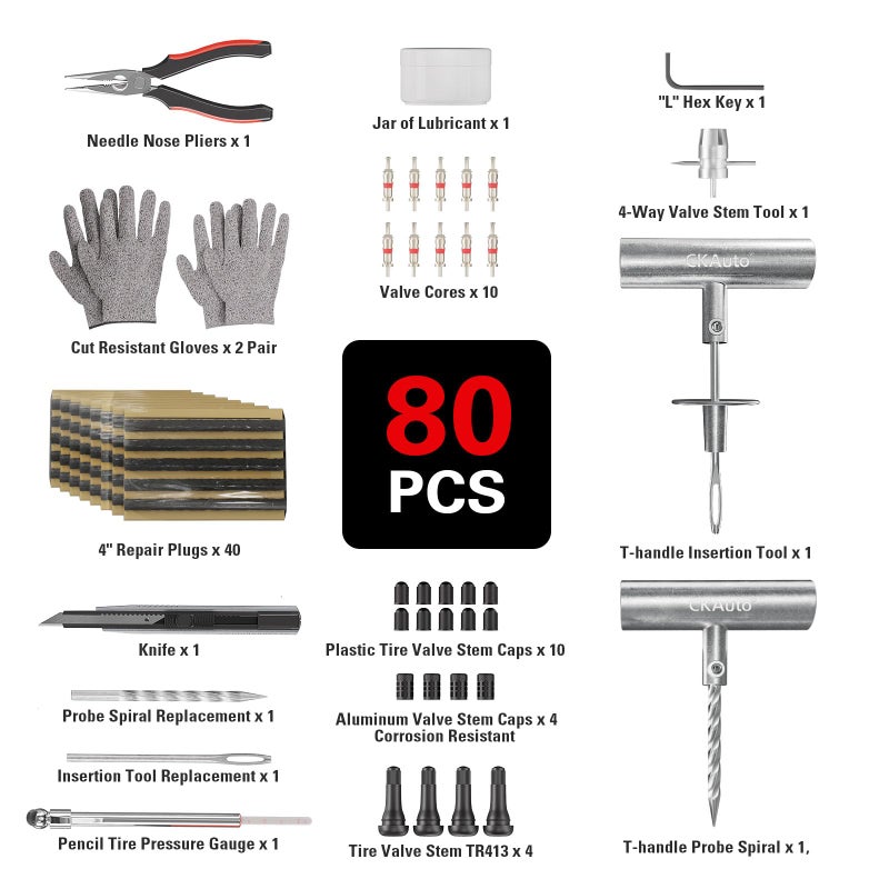 CKAuto Tire Plug Repair Kit, Heavy Duty Car Emergency Tool Kit for Flat Tire Puncture Repair, 80 Pcs Value Pack, Tire Patch Kit fit for Autos, Cars, Motorcycles, Trucks, RVs, etc. - Image 2
