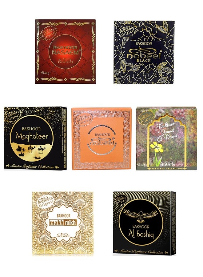 Nabeel Pack of 7 Premium Bakhoor Nabeel, Nasaem, Black, Makh Mikh, Maghateer, Al Bashiq and Jannet el Baqui Luxurious Arabian Incense for a Divine Ambiance - Image 1