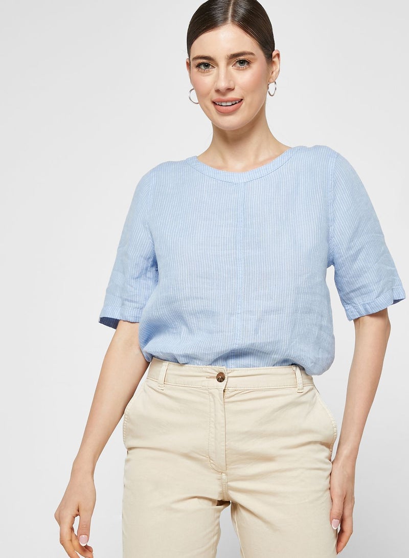 ماركس وسبنسر بلوزة كتان مخططة وبياقة دائرية - Image 1