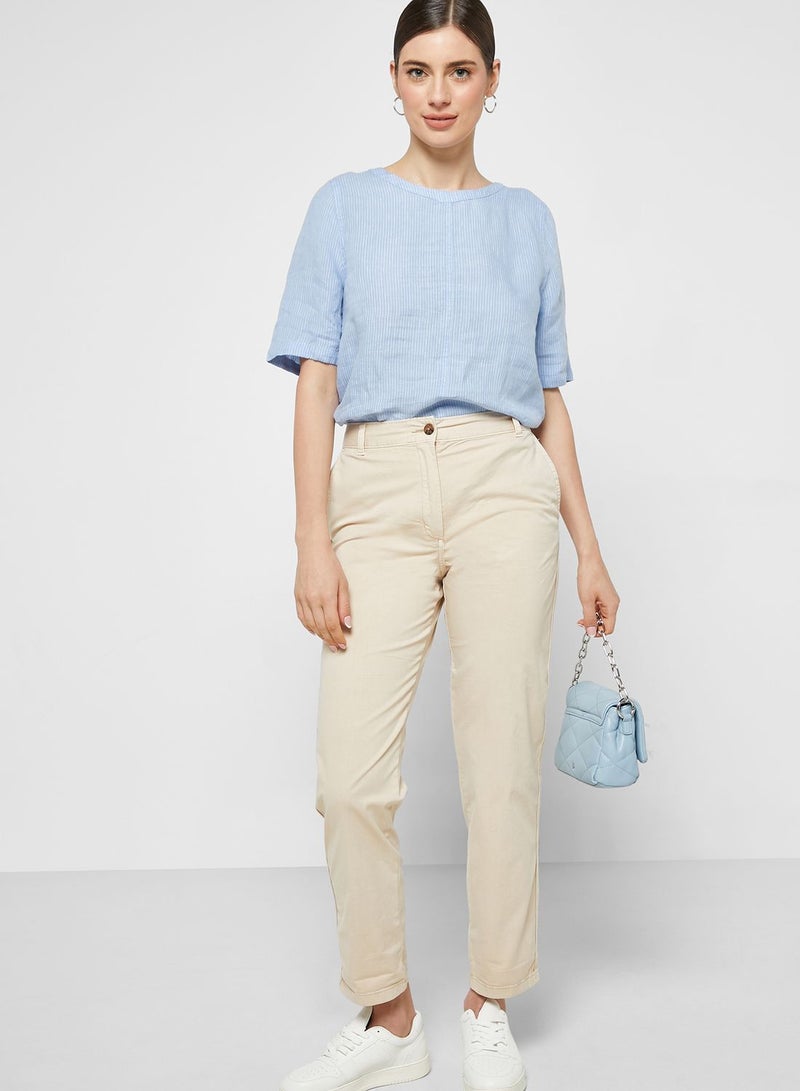 ماركس وسبنسر بلوزة كتان مخططة وبياقة دائرية - Image 4