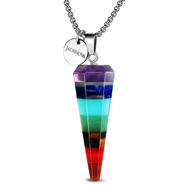 JADENOVA 7 Chakra Necklace Pendant Coneshaped Energy Healing Gemstone Crystal Dowsing Divination Pendulum 18 Inches Stainless Steel Chain