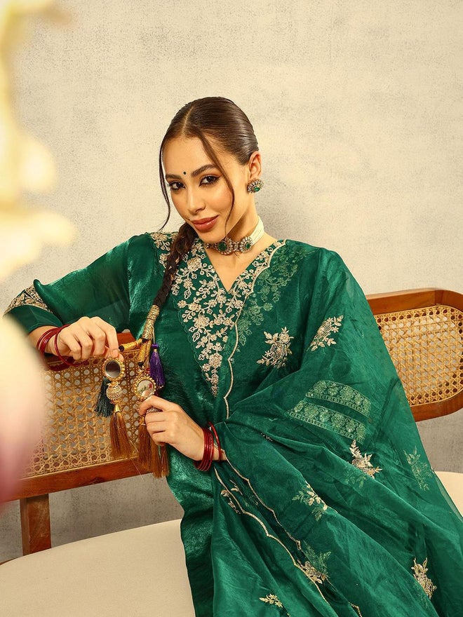 ISHIN 3-Piece Zari Embroidered Festive Kurta, Trouser and Embellished Organza Dupatta Set - Image 1