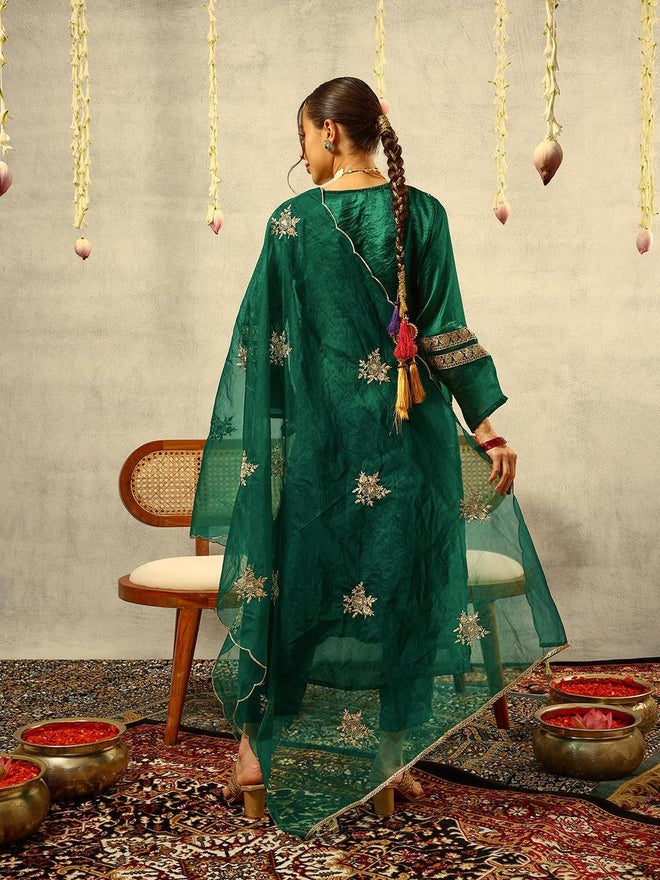 ISHIN 3-Piece Zari Embroidered Festive Kurta, Trouser and Embellished Organza Dupatta Set - Image 5