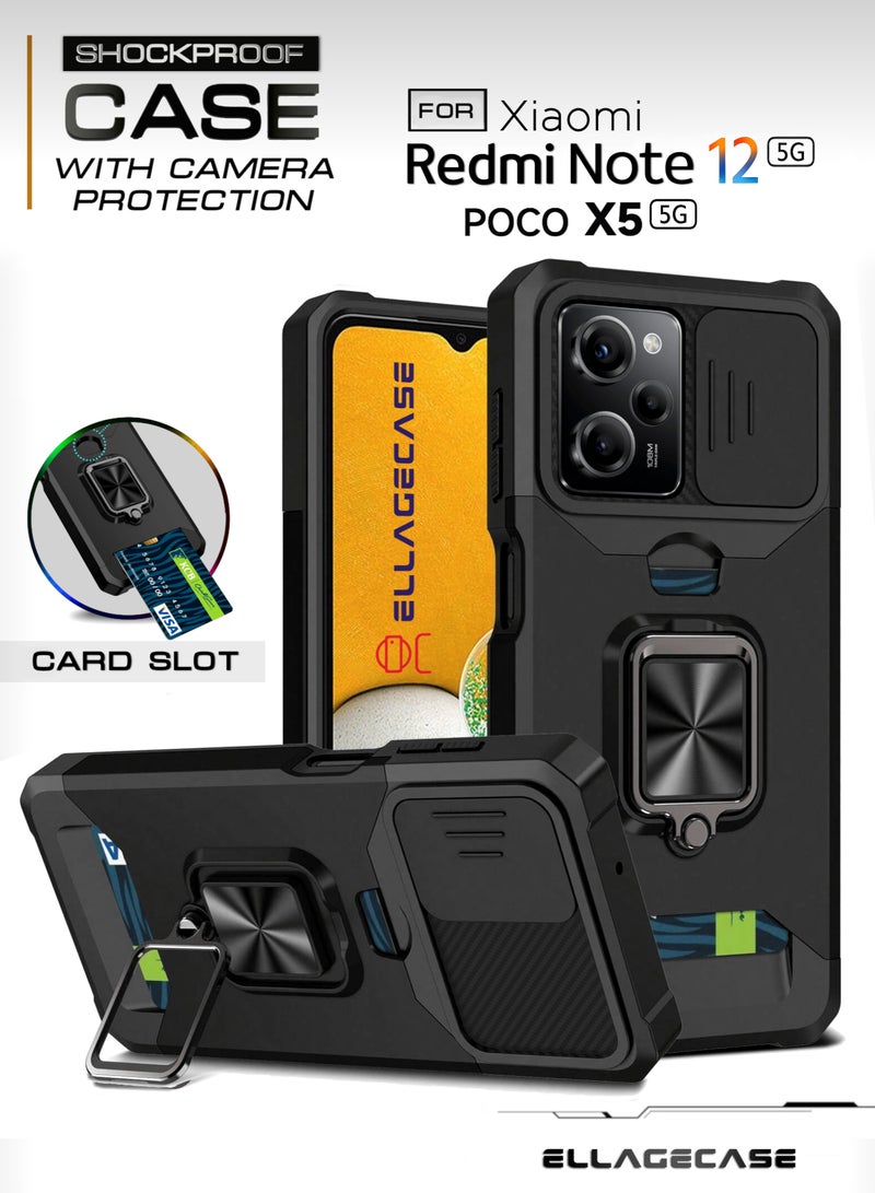 ELLAGECASE حافظة مقاومة للصدمات مع فتحة بطاقة، قاعدة وحماية كاميرا قوية لهاتف Xiaomi Redmi Note 12 5G / Xiaomi Poco X5 5G – تشمل لوحة معدنية مخفية - Image 1