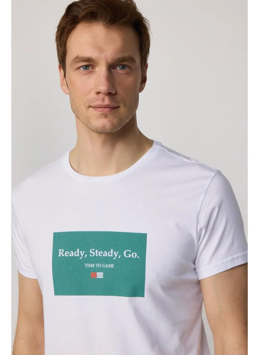 تودورس Men's Crew Neck Slim Fit Cotton White Printed T-Shirt