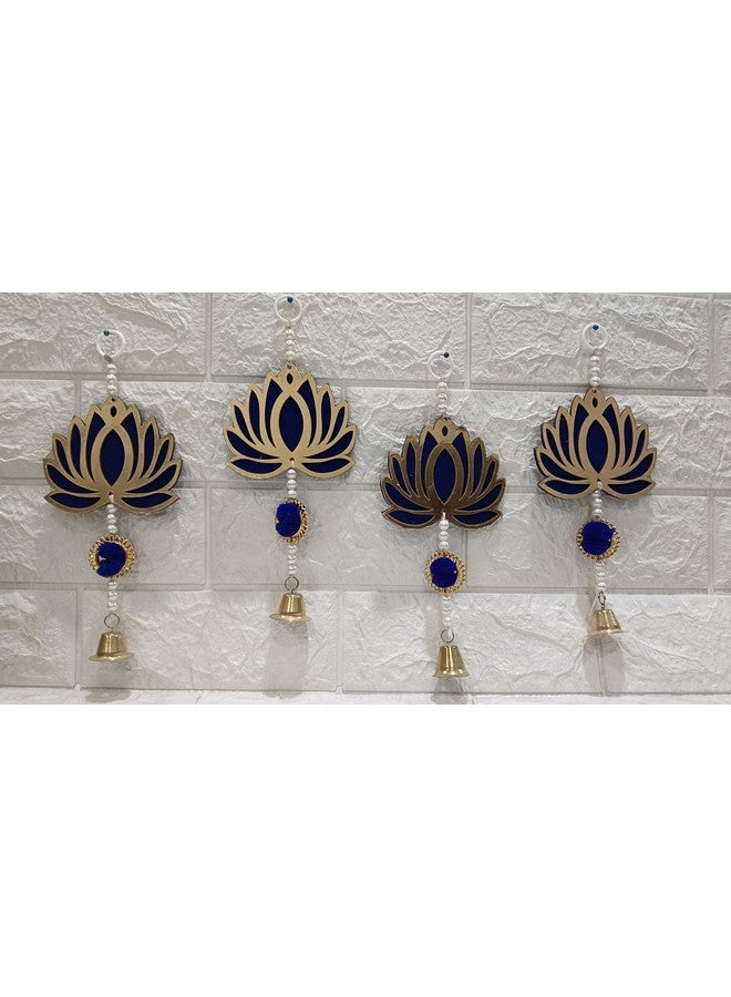 Sellplus Handmade MDF Lotus with Pom Pom Bell Hanging | Home Decoration | Pooja Decor | Diwali Decor | Wedding Decor | Main Door Hanging | & All Festival Decoration (Pack of 6) (Blue) - Image 1
