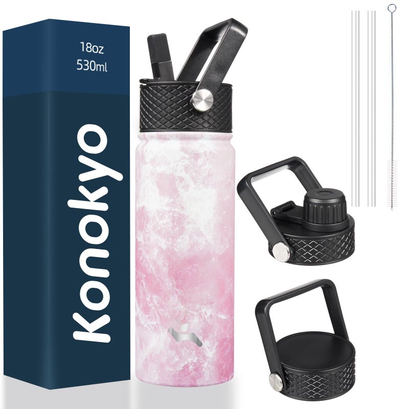 Konokyo 18 oz Insulated Water Bottle Stainless Steel Sport Bottles with 3 LidsMarble Blossom
