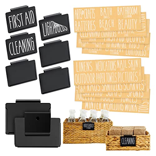 Talented Kitchen Bin Labels Clip-On Metal Basket Holders - Black, 8-Pack, 3.5 x 2.5 in - Kitchen Storage Organization & Bathroom Bin Label Clips - 70 Organizing Tags for Linen Closet - Image 1