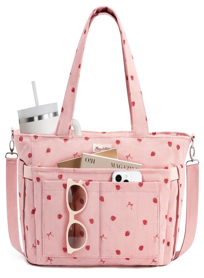Bagstellar Corduroy Tote Bag for Women, 17 Pockets Lightweight Crossbody Bible Teacher Nurse Shoulder Bag for Daily School Travel Gym, Pink Strawberry - Image 1