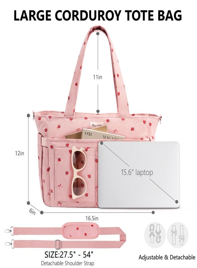 Bagstellar Corduroy Tote Bag for Women, 17 Pockets Lightweight Crossbody Bible Teacher Nurse Shoulder Bag for Daily School Travel Gym, Pink Strawberry - Image 2