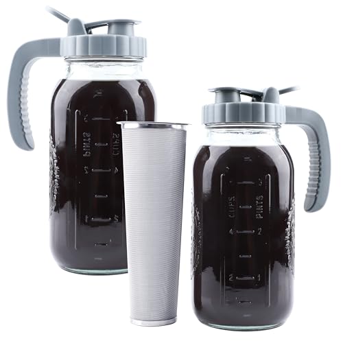 MBSRITY Cold Brew Coffee Maker 64 OZ 2 Pack Mason Jar Cold Brew Pitcher With Infuser 2 Quart Wide Mouth Iced Coffee Maker With Pour Spout Lid And Handle Half Gallon Airtight & Leakproof Pitcher For Fridge - Image 1