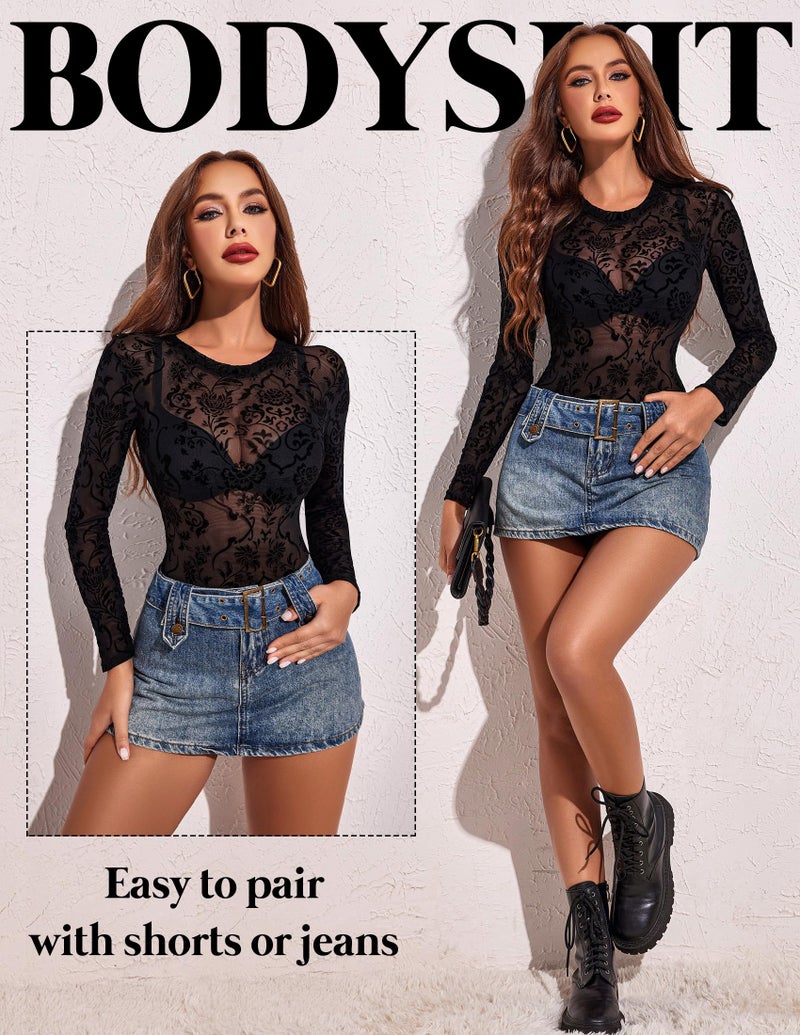 Avidlove Black Bodysuit Women Floral Print Long Sleeve Bodysuit Crew Neck Mesh Body Suit Tops(Large) - Image 4