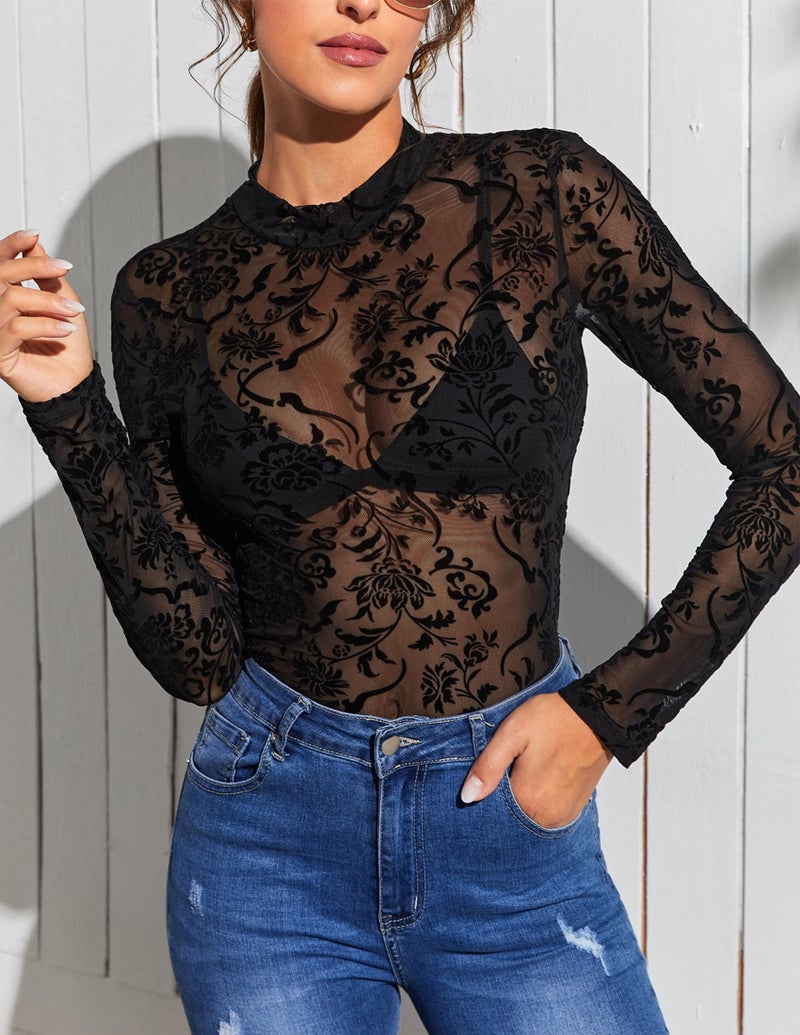 Avidlove Black Bodysuit Women Floral Print Long Sleeve Bodysuit Crew Neck Mesh Body Suit Tops(Large) - Image 5