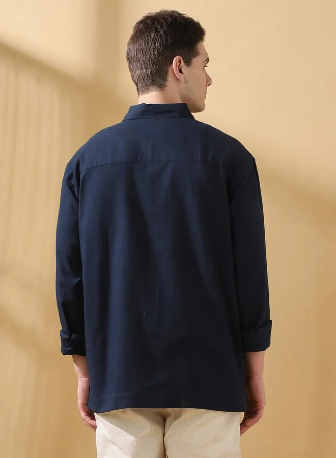 Dennis Lingo Men's Navy Slub Fabric Doha Solid Pattern Button Down Relaxed Shirt