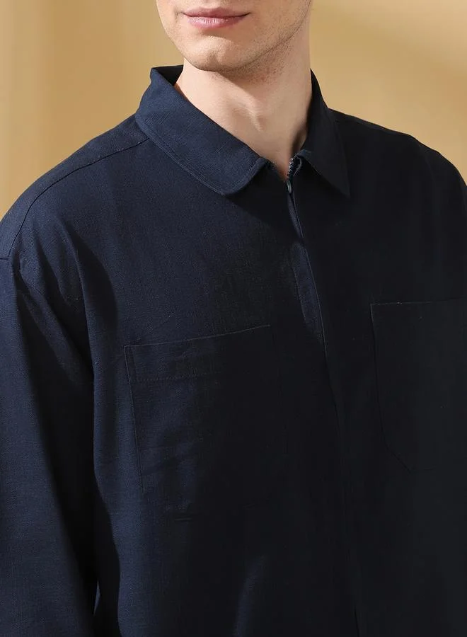 Dennis Lingo Men's Navy Slub Fabric Doha Solid Pattern Button Down Relaxed Shirt