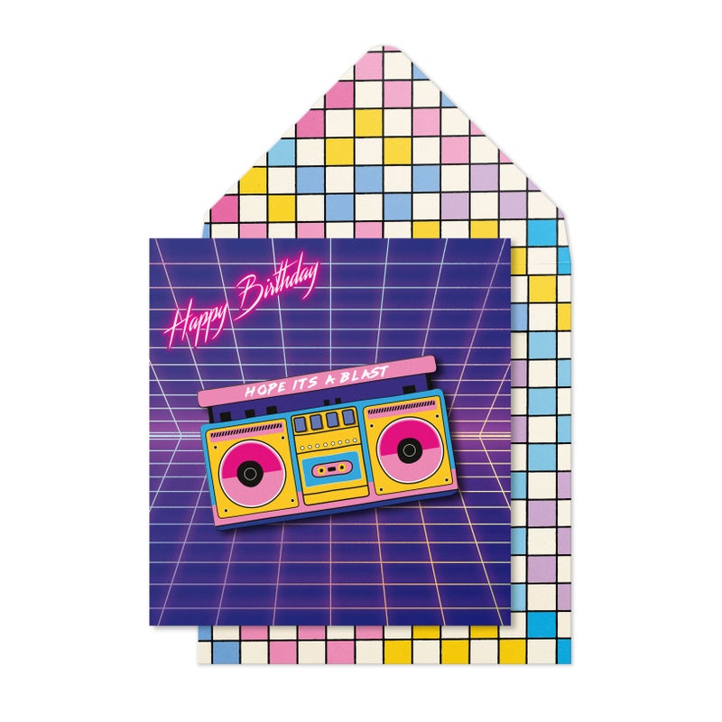 Tache Birthday Greeting Card Blank Inside, Retro Boombox Design - Image 1