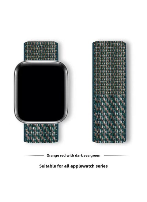 Suitable For Iwatch1-s9 Strap Light Mint/Ocean Blue Nylon Loop Velcro Wristband For Apple Watch Strap-Color:61# Orange Red With Sea Green-Specifications:42/44/45/49mm