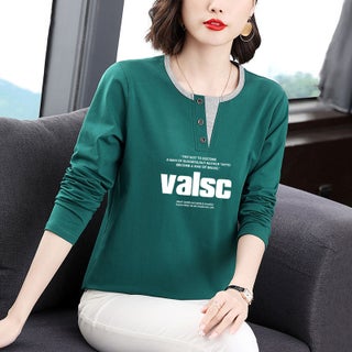 Cotton Long Sleeve Tee Spring Thin Plus Size Ladies Dark green-VaLSC letters [white] - pzsku/Z87B4EC9442546719FD41Z/45/1746232772/495fa062-25f5-40ba-8e56-413bcde7879c