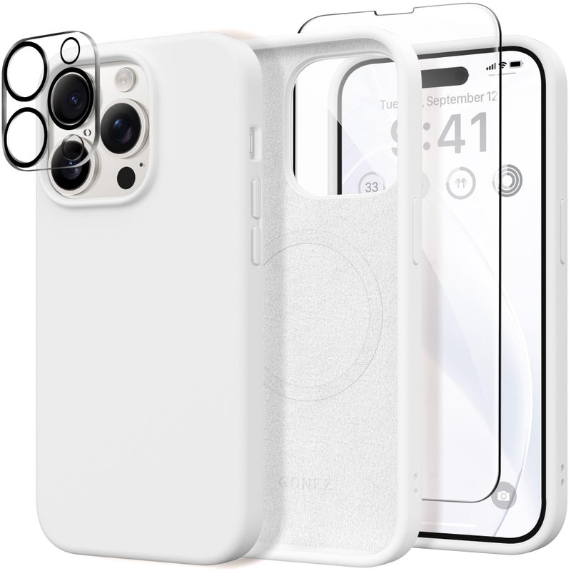 GONEZ for iPhone 14 Pro Case, Compatible with Magsafe, with Screen Protector + Camera Lens Protector, Soft Anti-Scratch Microfiber Lining, Shockproof Liquid Silicone Phone Cover, White - Image 1