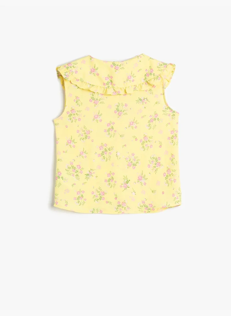 كوتون Shirt Sleeveless Wide Peter Pan Neck Flower Printed