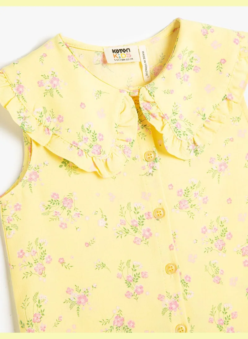 كوتون Shirt Sleeveless Wide Peter Pan Neck Flower Printed