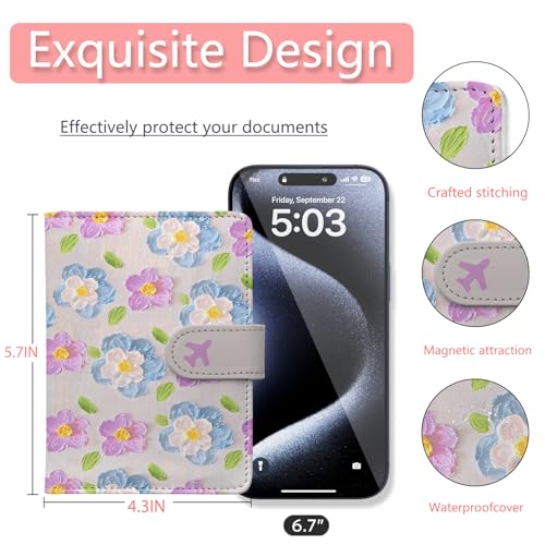LumeTrav Passport Holder, Travel Wallet Cover with Pen Loop | Cute RFID Blocking Leather Case with Magnetic Closure for Travel Essentials-Flower - Image 4