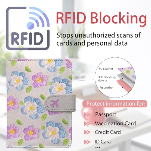 LumeTrav Passport Holder, Travel Wallet Cover with Pen Loop | Cute RFID Blocking Leather Case with Magnetic Closure for Travel Essentials-Flower - Image 3