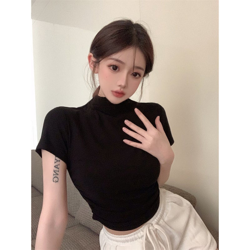 Half-High Collar T-Shirt Women'S Summer Short-Sleeved Base Shirt Black Spice Girls Tight Slim Short Top Fashionable All-Match - Image 5