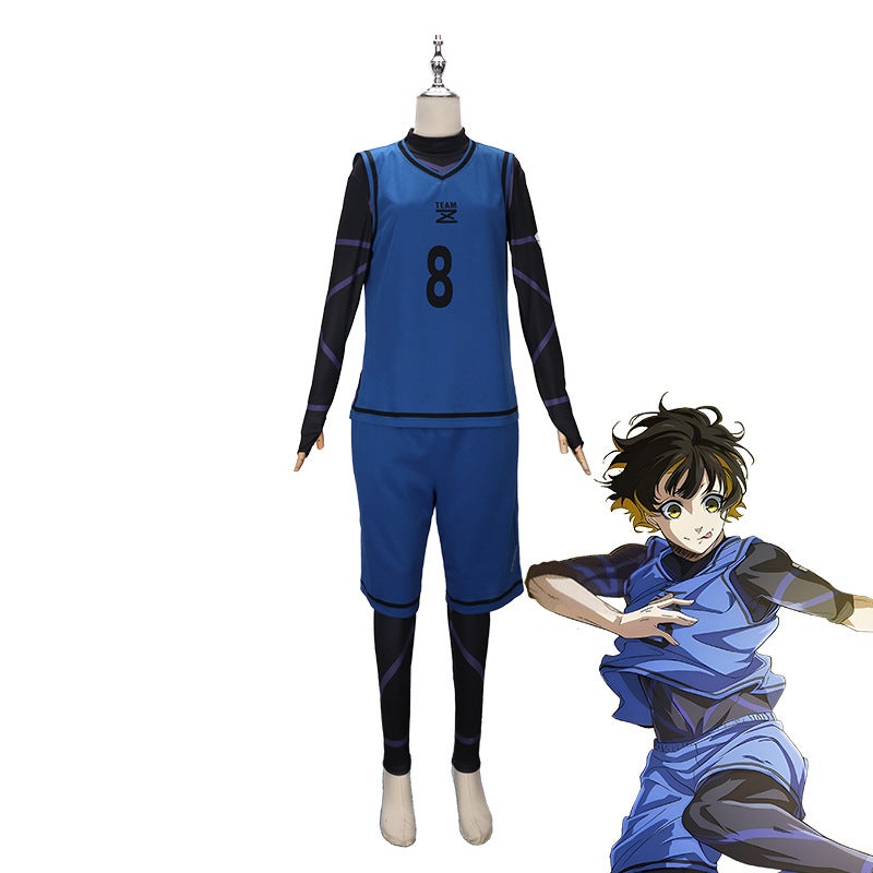 in stock BLUELOCK Blue Prison Jersey cos Jie Shi Yi Bee Le Return to Thousand Cut Leopard Ma Guo Divine Refinery cos Blue No. 8 [including jumpsuit]]