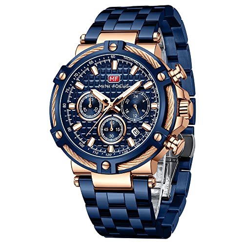 MF MINI FOCUS Business Men Watches ChronographWaterproofLuminousCalendar24 Hours Big Face Stainless Steel Band Watches for Men Blue_Golden - Image 1