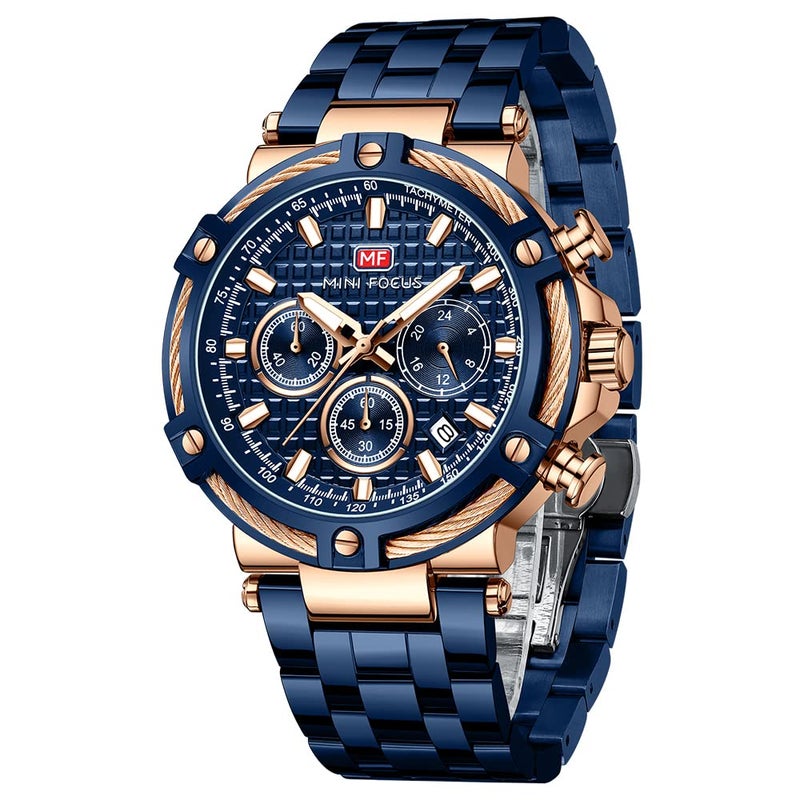 MF MINI FOCUS Business Men Watches ChronographWaterproofLuminousCalendar24 Hours Big Face Stainless Steel Band Watches for Men Blue_Golden - Image 2