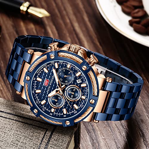 MF MINI FOCUS Business Men Watches ChronographWaterproofLuminousCalendar24 Hours Big Face Stainless Steel Band Watches for Men Blue_Golden - Image 3