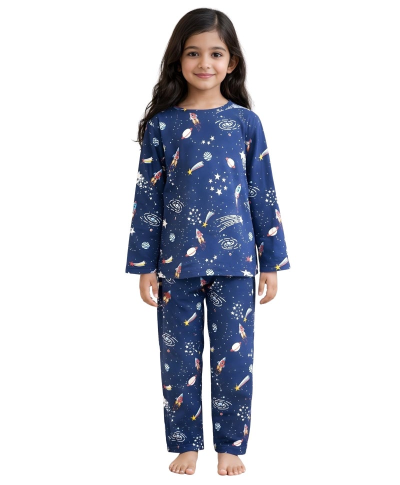 Anthrilo Pajama T-Shirt Set for Girls | Kids Night Suit for Girls | Nightwear | 100% Cotton Pyjama Set Solar System Fun Dreams Print Blue | Long Sleeve T-Shirt and Pajama | 10-11 Years - Image 1