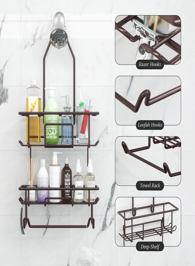 TreeLen Shower Caddy Hanging over Shower Head Rust Roof Shower Organizer with 10 Hooks for Razor Shampoo Holder Bathroom Shower Rack Storage Shelf with Towel Bar - Bronze - Image 2