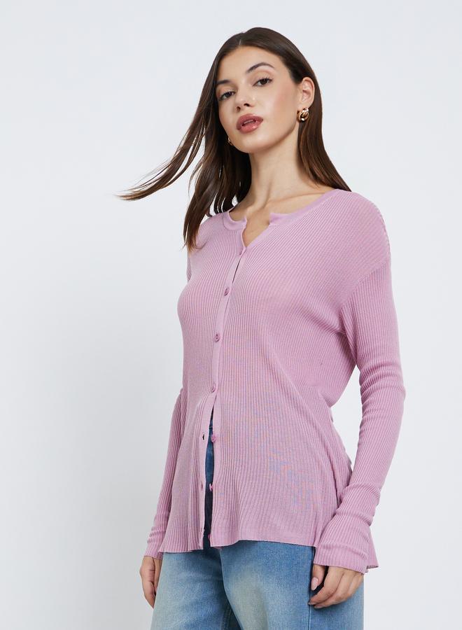 Styli Button Down Long Sleeve Ribbed Top - Image 1