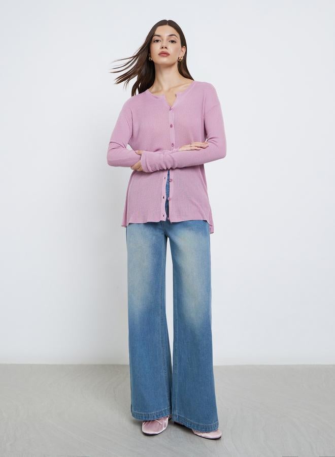 Styli Button Down Long Sleeve Ribbed Top - Image 2