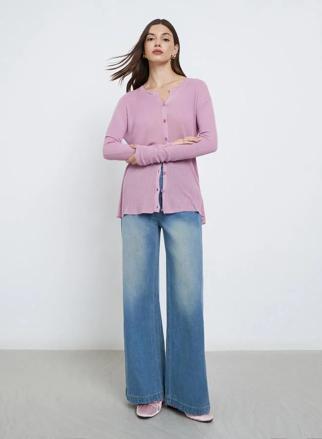 Styli Styli Button Down Long Sleeve Ribbed Top