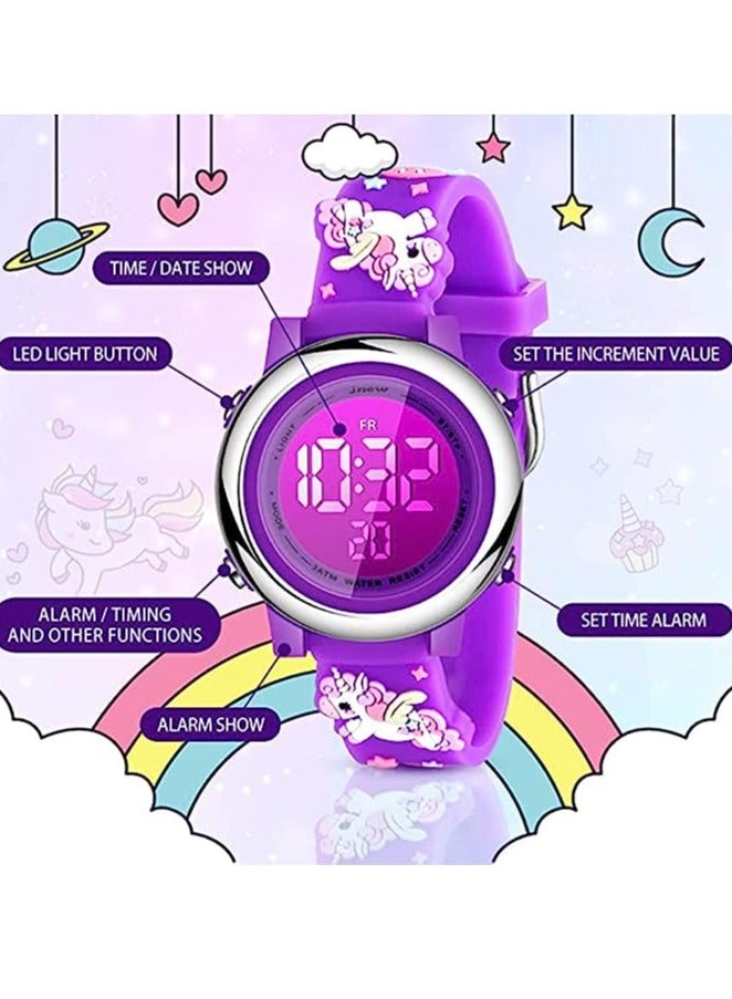Excefore Kids Unicorn Watch and Unicorn Bracelet Kids Digital Watch 3D Waterproof Toddler 7 Color Lights Watch with Alarm Stopwatch Unicorns Kids Gifts for 3-10 Year Girls 3 Pieces (Purple) - Image 2