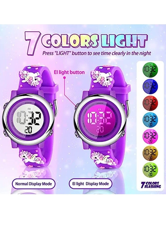 Excefore Kids Unicorn Watch and Unicorn Bracelet Kids Digital Watch 3D Waterproof Toddler 7 Color Lights Watch with Alarm Stopwatch Unicorns Kids Gifts for 3-10 Year Girls 3 Pieces (Purple) - Image 3