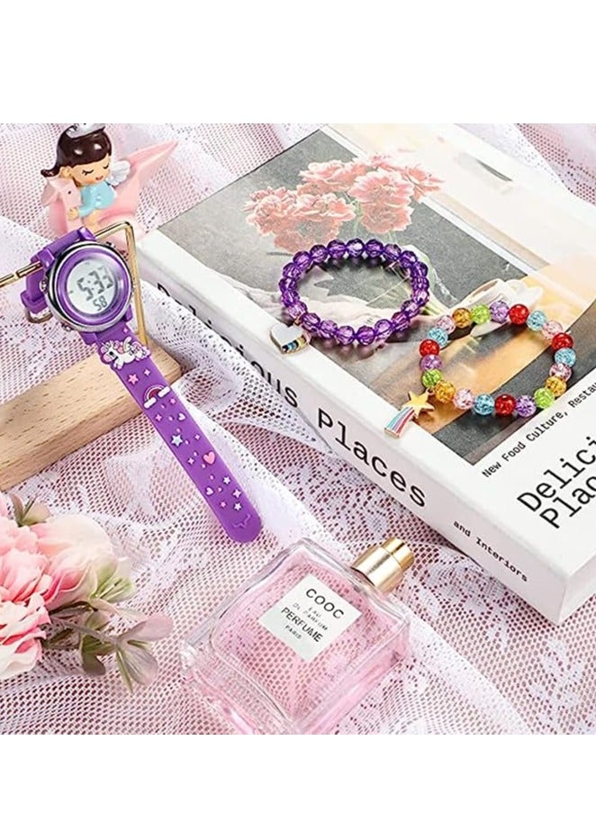 Excefore Kids Unicorn Watch and Unicorn Bracelet Kids Digital Watch 3D Waterproof Toddler 7 Color Lights Watch with Alarm Stopwatch Unicorns Kids Gifts for 3-10 Year Girls 3 Pieces (Purple) - Image 4