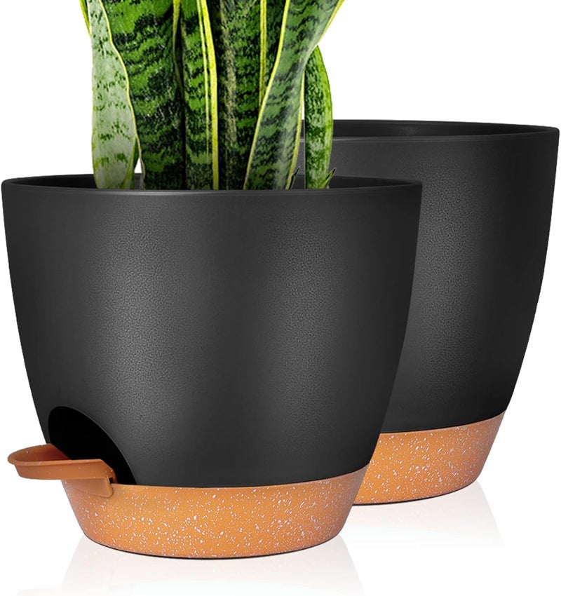 GARDIFE Plant Pots Set of 2 Pack 8 inch,Planters for Indoor Plants with Drainage Holes, Modern Decorative Flower Pots for All House Plants, Flowers, Black&Brown - Image 1