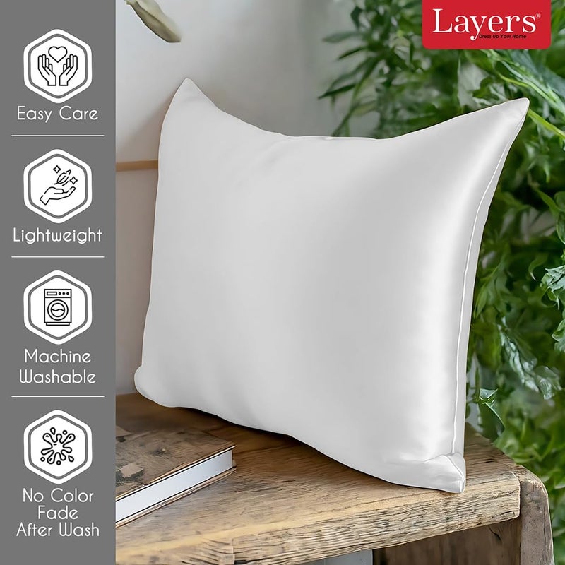 Layers Layers Micro Satin Silky Pillow Cover Set & Drawstring Pouch (Pack of 2) |Durable Satin Pillow Cover with Envelope Closure |Luxury Satin Pillow Covers | Cozy Micro Satin Pillow Covers - 85 GSM, White - Image 2