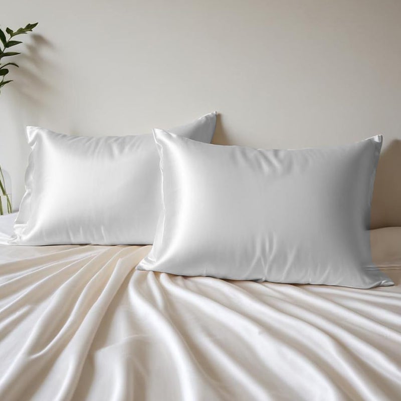 Layers Layers Micro Satin Silky Pillow Cover Set & Drawstring Pouch (Pack of 2) |Durable Satin Pillow Cover with Envelope Closure |Luxury Satin Pillow Covers | Cozy Micro Satin Pillow Covers - 85 GSM, White - Image 1