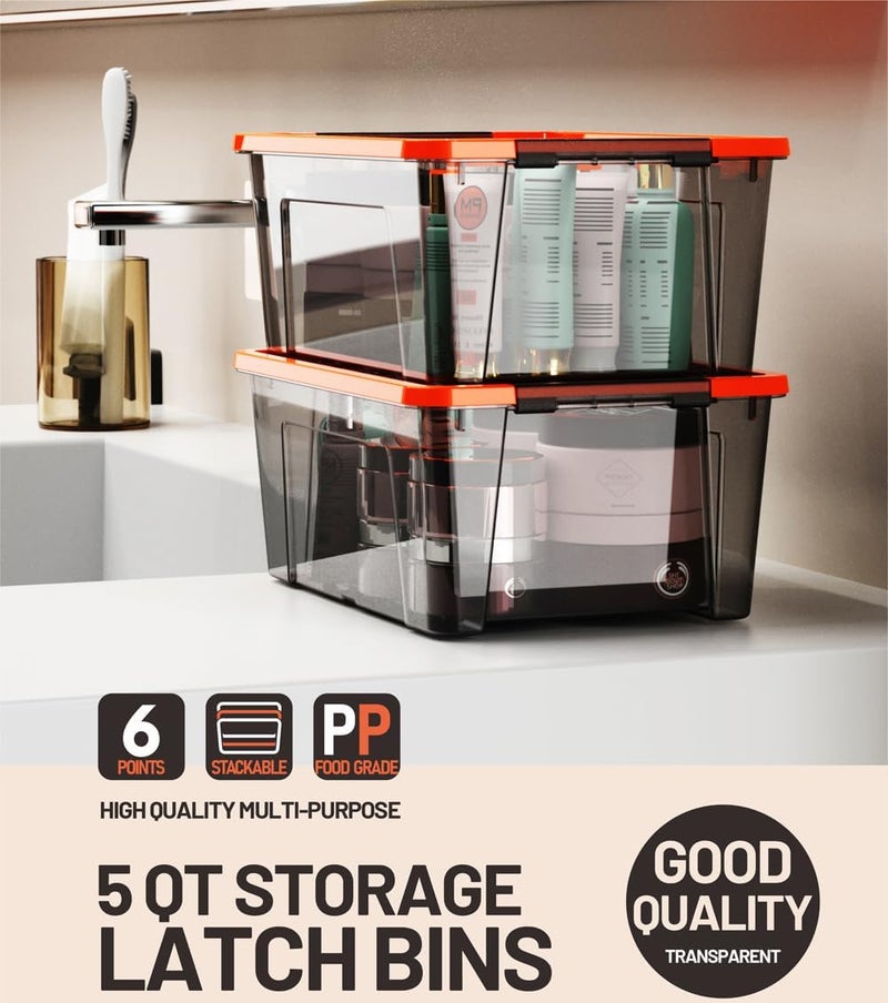WYT 5-Quart Small Storage Container Bin with Orange Secure Lid and Black Clear Latch Buckles, Durable Plastic Stackable Nestable Organizin, 6-Pack - Image 5