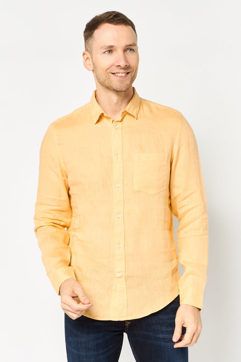 Celio Men Regular Fit Long Sleeve Solid Casual Shirt, Light Orange - Image 1