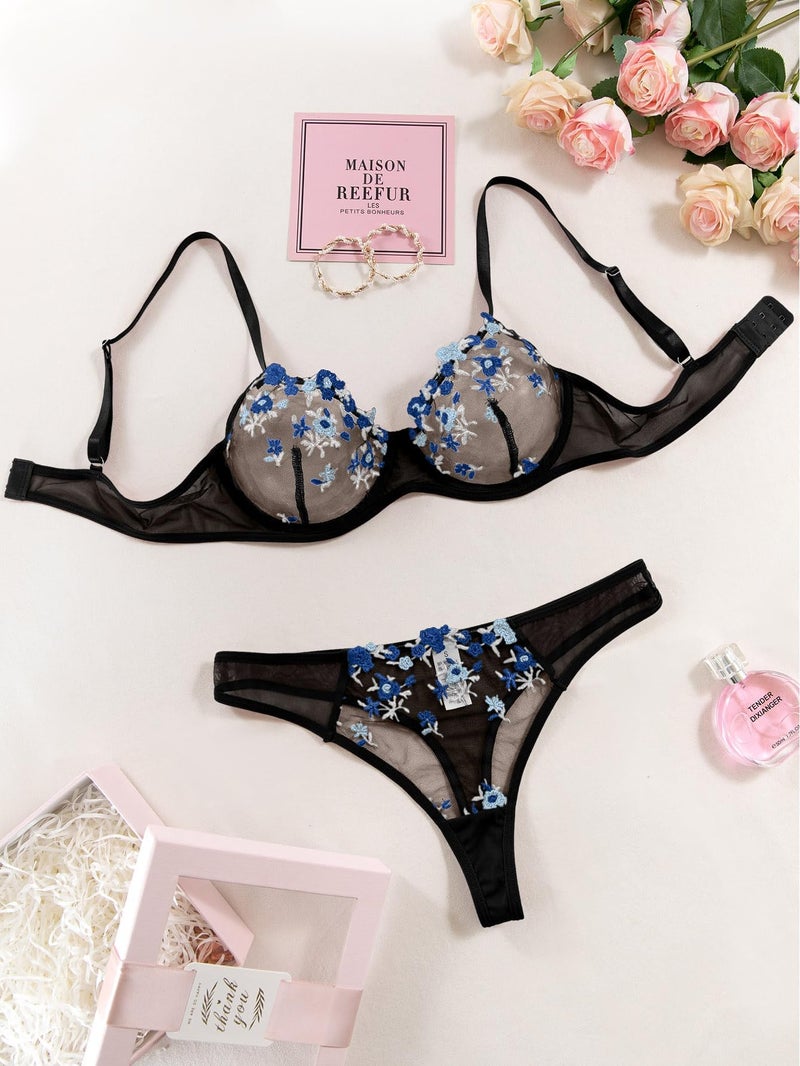 Lilosy Women Sexy Floral Embroidered Mesh Sheer Underwire Push Up Lingerie Set See Through Bra and Panty 2 Piece Black and Blue Medium - Image 5