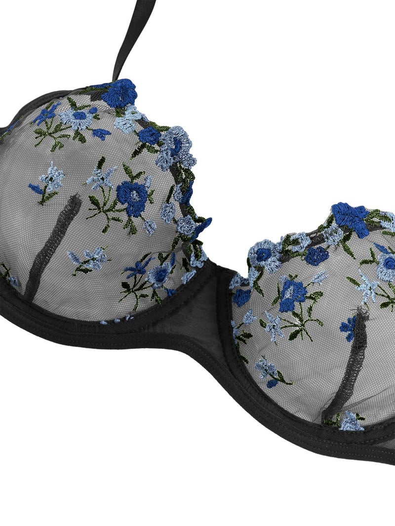Lilosy Women Sexy Floral Embroidered Mesh Sheer Underwire Push Up Lingerie Set See Through Bra and Panty 2 Piece Black and Blue Medium - Image 4