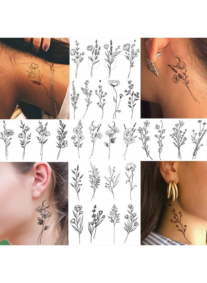 FANRUI 15 ورقة من تاتو مؤقت من FANRUI لزهور الفروع السوداء الصغيرة للنساء والفتيات، تاتو مؤقت لنباتات برية، لافندر، باقة زهور، تاتو مزيف للبالغين، الوجه، اليدين، مجموعة للأطفال، ملصق - Image 2